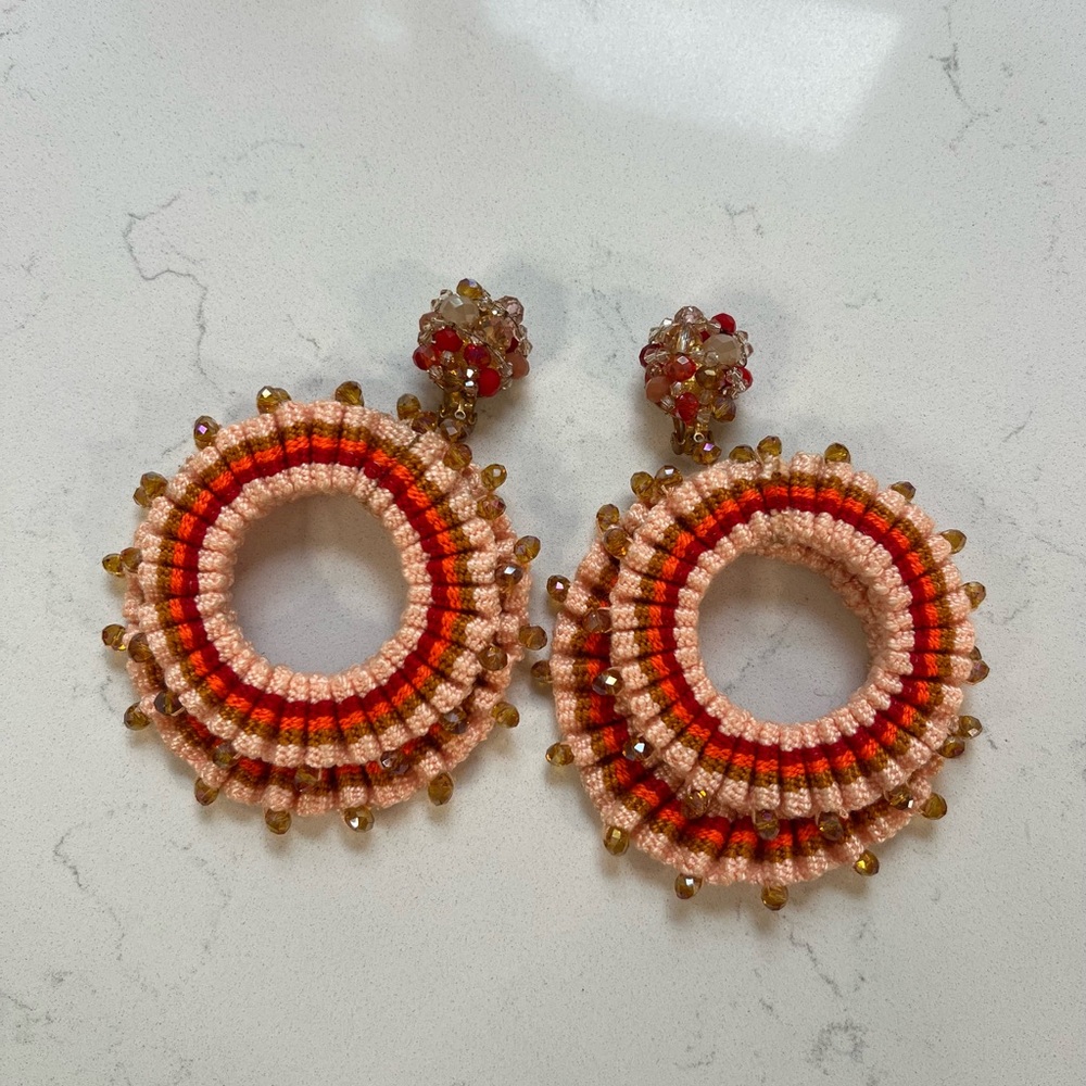 Handcrafted Beaded Hoop Earrings - Orange and Peach